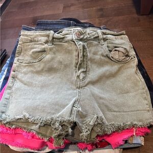 Women's Green Frayed Denim Shorts